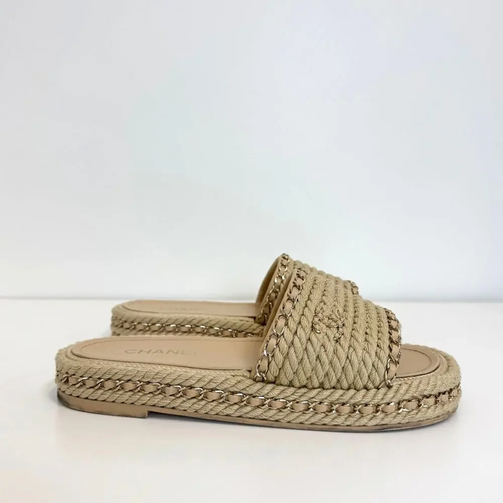 CHANEL Braided Rope Slide Sandals Gold 19 Metal Leather Chain Accents 40 Shoes